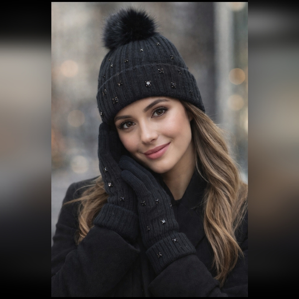 Victoria's Secret Black Knit Hat and Glove Set with Pom Pom
